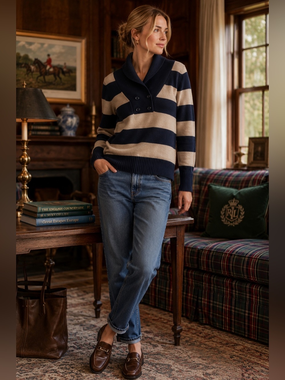 Banana Republic Navy Tan Striped Shawl Collar Sweater L Heritage Preppy